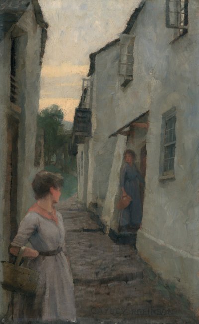 Cena de rua com figura, Cornwall (óleo no boad) de Frederick Cayley Robinson
